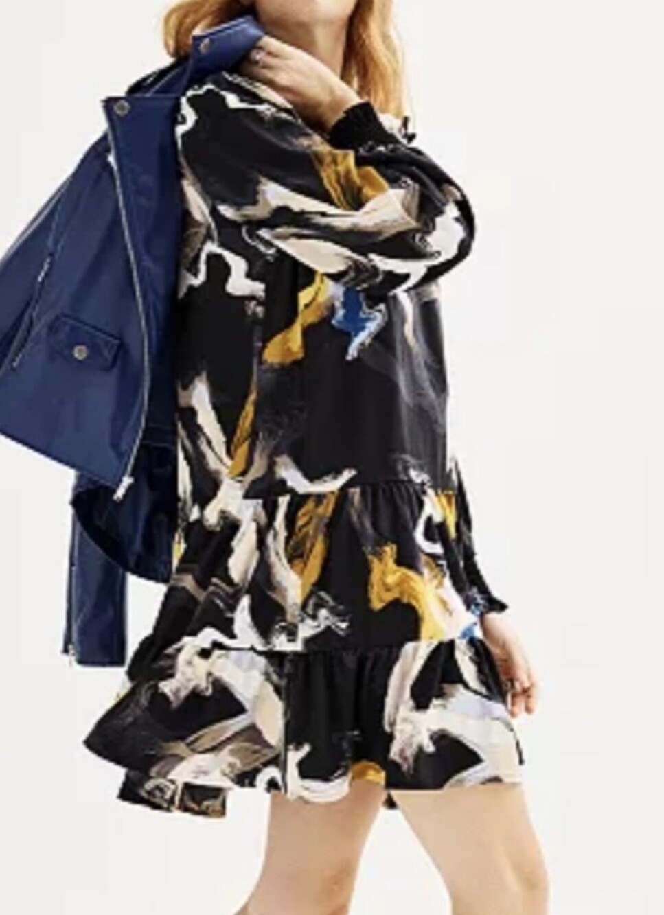 Nine West Black Abstract Print Tiered Mini Dress with Yellow & White Accents